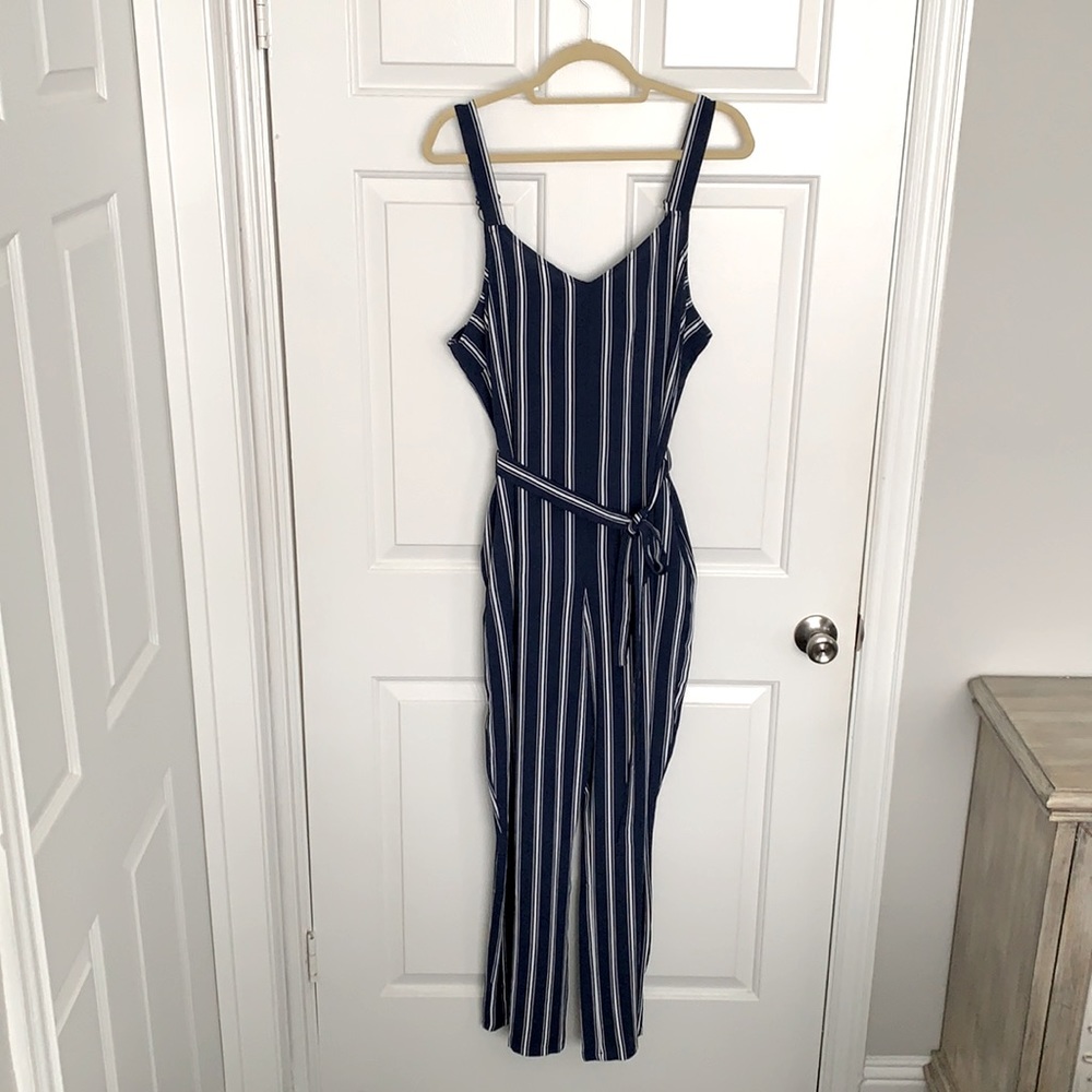Krazy Kat Blue and White Striped Jumpsuit. Size XL.
